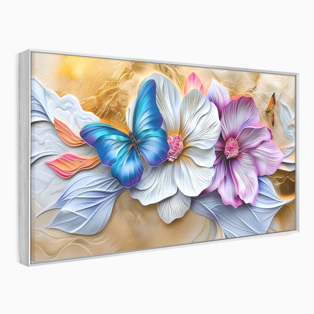 Tablou canvas cu tablou canvas cu flori si fluture, in rama de aluminiu argintiu
